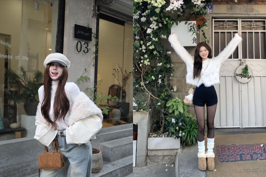 Phối đồ đi chơi mùa lạnh cho nữ với áo lông mix quần Jeans