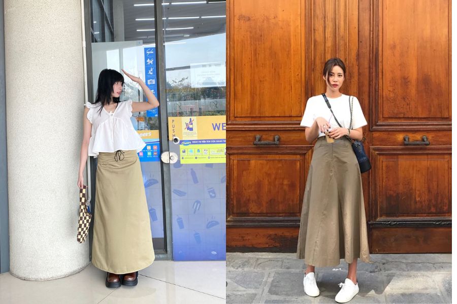 Chân váy dài kaki là sự lựa chọn lý tưởng cho phong cách thanh lịch