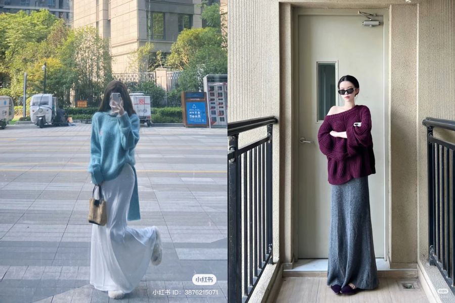 Phối áo len với chân váy dài đuôi cá