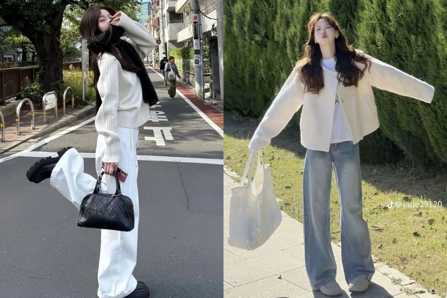 Phối áo len cùng quần Jeans sáng màu để đi chơi cho mùa Đông