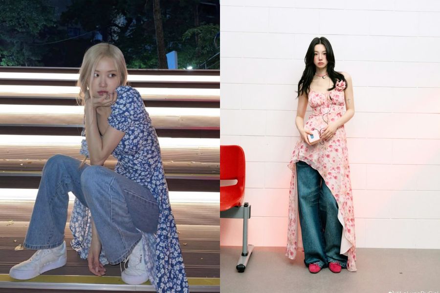 Trend diện quần jeans với váy dài