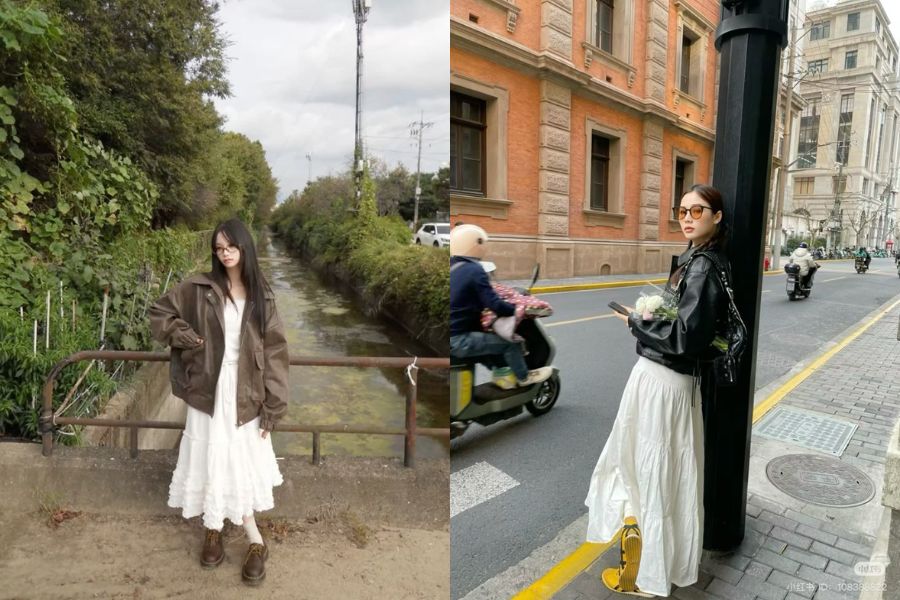 Set áo da và chân váy trắng