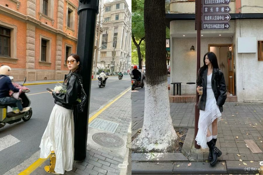 Cô nàng cá tính mà vẫn thanh lịch sẽ không bỏ qua áo da mix chân váy dài