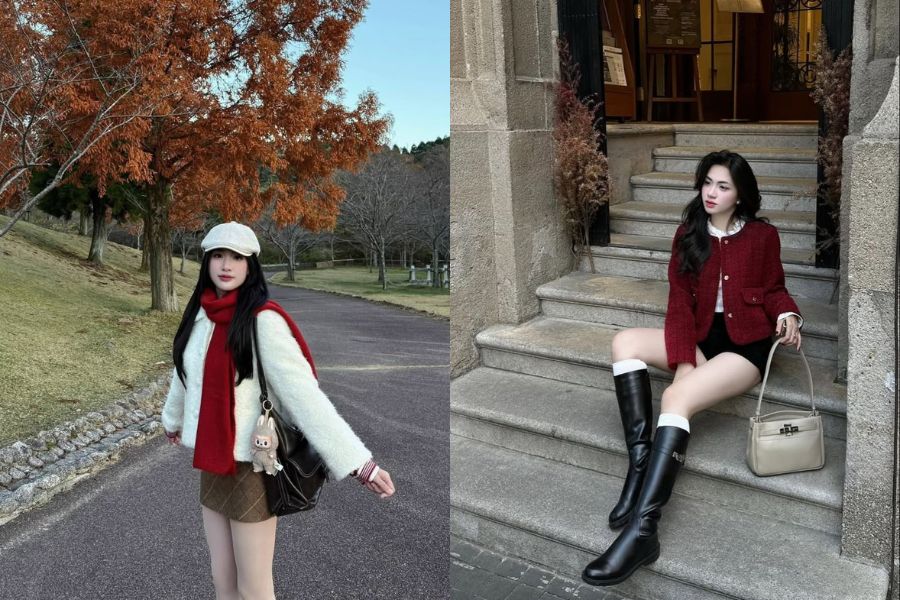 Áo dạ tweed + chân váy A + khăn quàng cổ