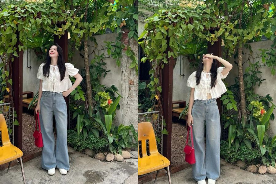 Áo babydoll buộc nơ với quần Jeans xanh là cách phối đồ cá tính mà vẫn điệu đà 