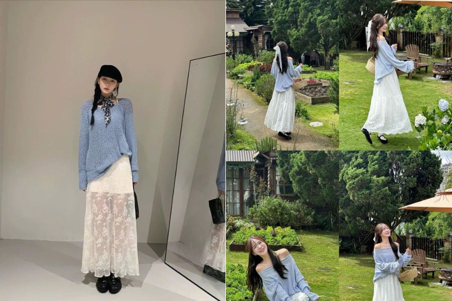 Phối áo len với chân váy ren