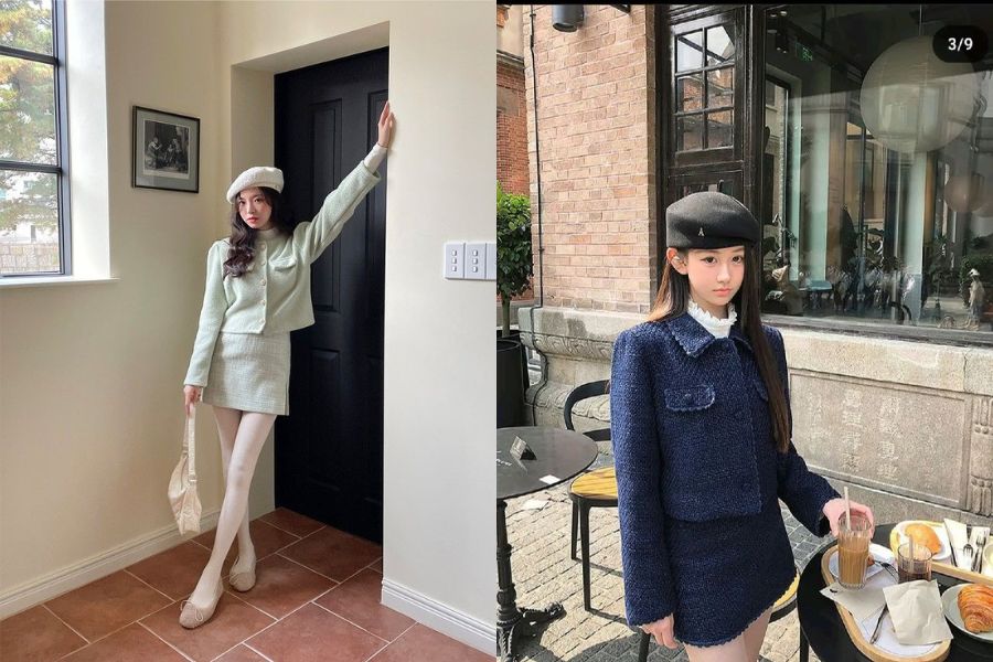 Phối đồ Hàn Quốc mùa đông với set váy vải tweed