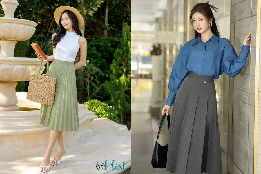Chân váy xếp ly dáng dài là item vừa dễ mặc dành cho các nàng
