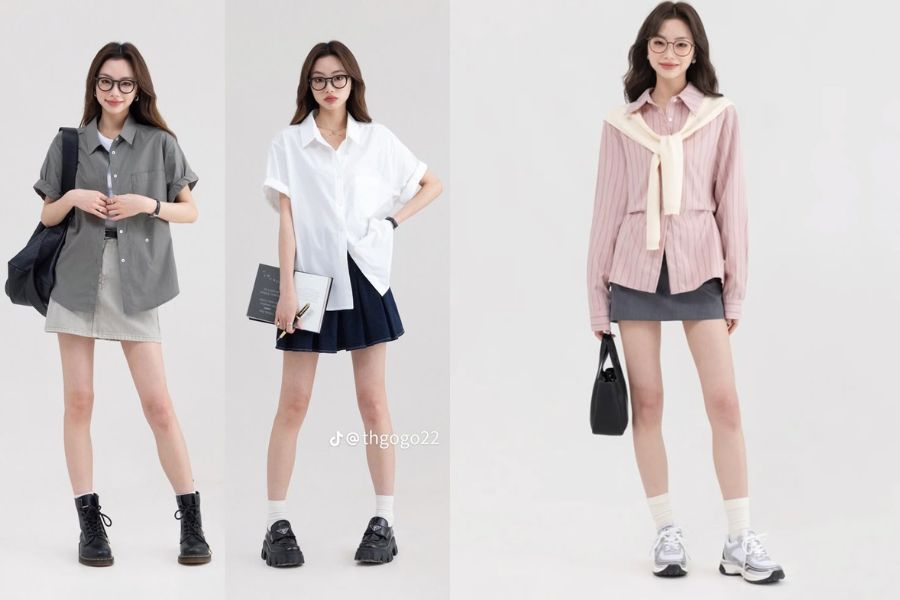Áo sơ mi  phối với chân váy A và giày sneaker