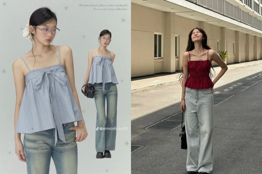 Áo 2 dây nơ ngực mix quần Jeans ống loe đậm chất Fashionista