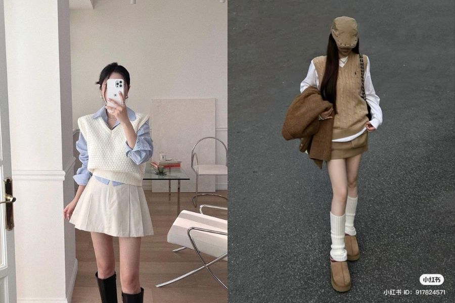 Outfit đơn giản với áo gile len và chân váy