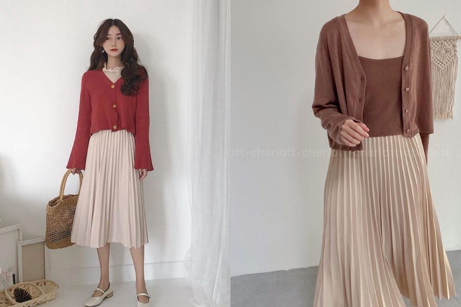 Chân váy xếp ly kết hợp cùng cardigan