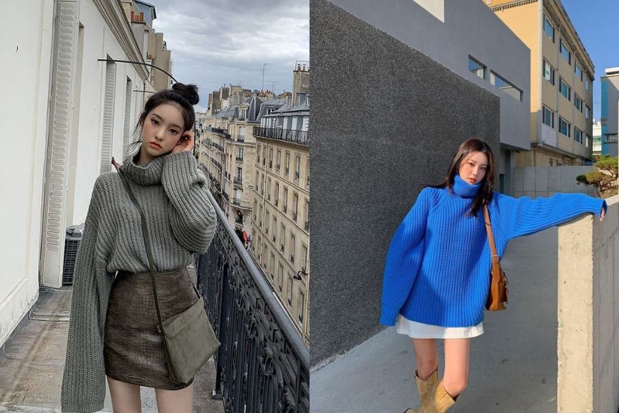 Diện áo len cổ lọ cùng chân váy ngắn