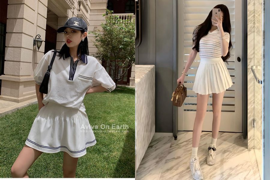 Phối đồ cá tính cho nữ đi chơi với áo thể thao mix chân váy tầng