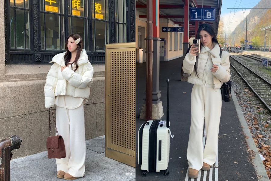 Phối đồ cá tính cho nữ với áo phao mix quần dài trắng