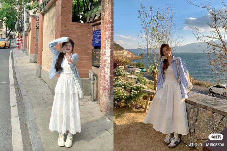 Áo 2 dây + áo sơ mi + chân váy dài trắng