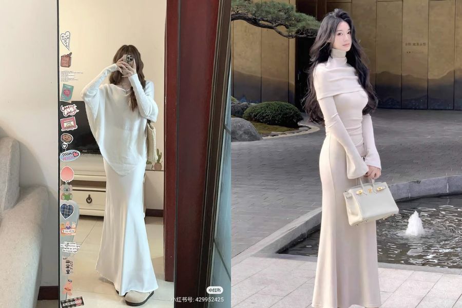 Phối áo len với chân váy dài với chân váy lụa