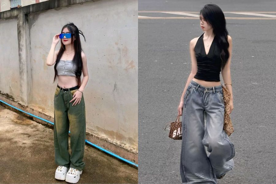 Áo quây mix quần Jeans ống rộng 