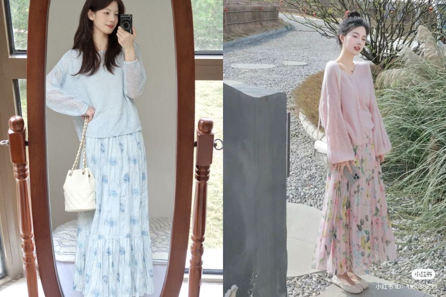 Phối áo len với chân váy dài hoa nhí